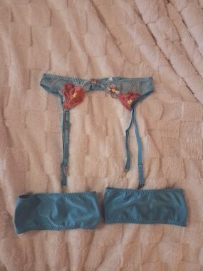 Avid Love Teal Blue Garter Belt with Pink Floral Embroidery